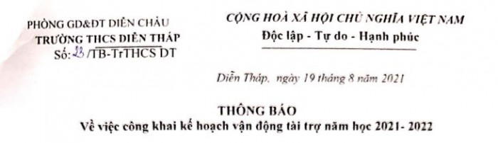Thông báo công khai kế hoạch vận động tài trợ năm học 2021-2022